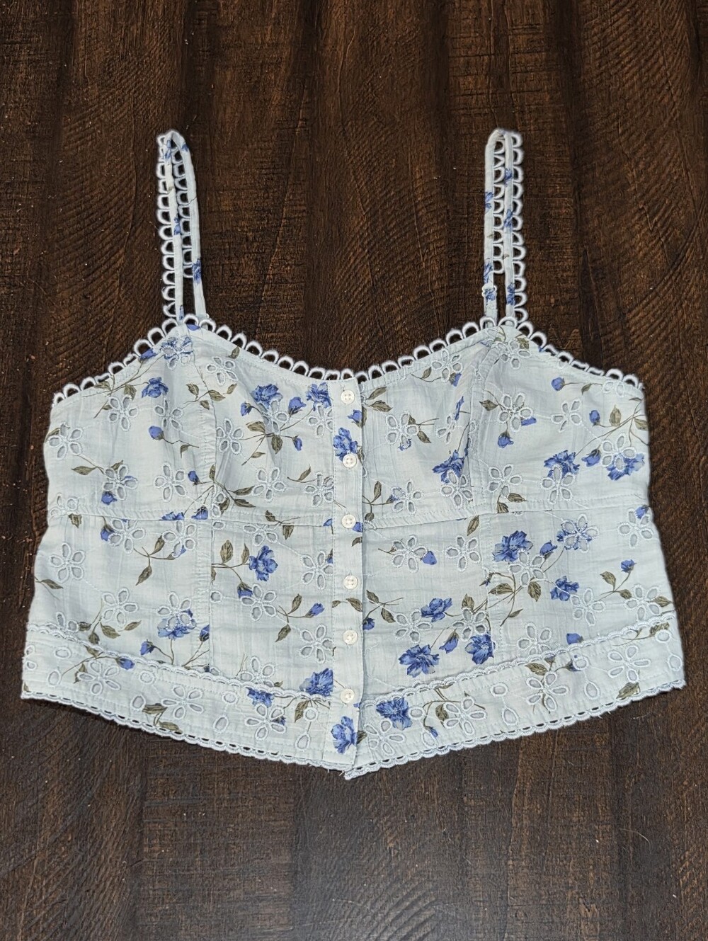 American Eagle Light Blue Floral Eyelet Spaghetti Strap Tanktop
